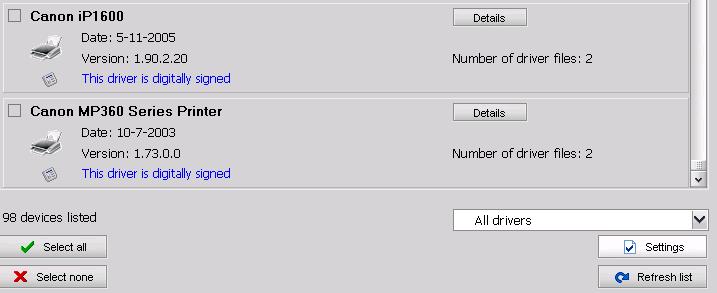 liste des pilotes install�s